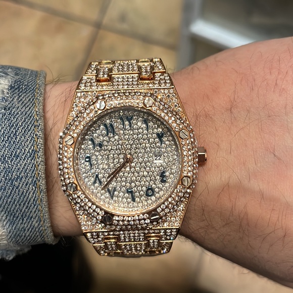 Mens Arabic dial watch cz diamonds rose gold round dial premium quality - Picture 1 of 3